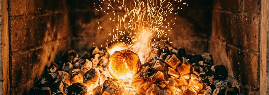 Burning wood logs with glowing embers and sparks in a fireplace