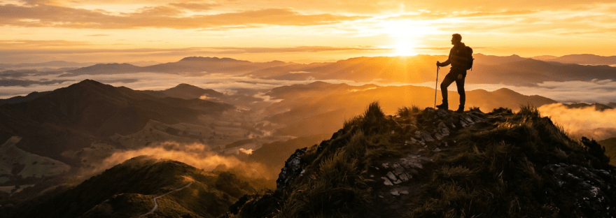 Hiker standing on mountain peak with trekking pole during sunrise